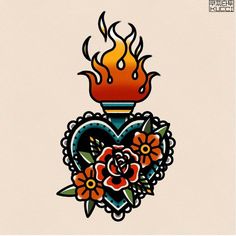 a heart with flames and flowers on the side is shown in this tattoo art design