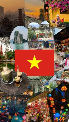 a collage of pictures with the flag of vietnam and other things in it,