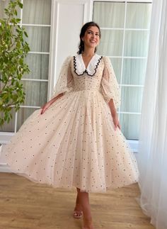 Classic Polka Dot Dress | Teuta Matoshi Teuta Matoshi, Black Lace Trim, Prom Dress Inspiration, Soft Beige, Dress Inspiration, Beige Fabric, Puffy Sleeves, Anniversary Parties, Black Polka Dot