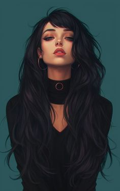 a painting of a woman with long black hair and piercings on her ear, wearing a choker