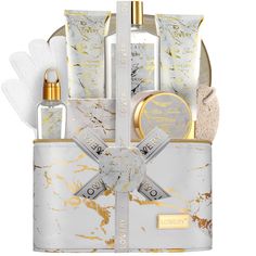 PRICES MAY VARY. COMPLETE SPA GIFT SET - Soothe and diffuse stress with a luxurious at-home spa treatment! Beautifully packaged bath and shower basket in a marble cosmetic bag, this bath gift set makes for an extraordinary gift, and adds a lovely touch to the bathroom. Contains a 2in1 Shampoo and Conditioner, Body Lotion, Shower Gel, Body Scrub, Bath Oil, Exfoliating Loofah Gloves wrapped in a Marble Cosmetic Bag with Ribbon and Hangtag. WHITE JASMINE FRAGRANCE - The calming scent of White Jasmi Gift Basket For Women, Bath And Body Gift Set, Gift Set For Men, Jasmine Fragrance, Gift Baskets For Women, Home Spa Treatments, Spa Gift Basket, Bath Gift Set, White Jasmine