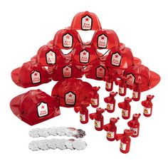 red plastic cups and saucers are arranged in the shape of a house with labels on them