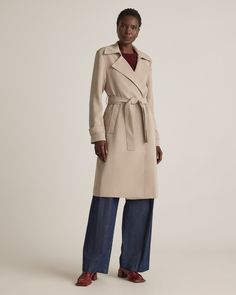 Made from our ultra-wearable stretch crepe, this trench coat will keep you looking polished with its unique wrinkle-resistant properties and sleek silhouette. Try on this timeless style and you'll quickly be impressed with how much of a wardrobe win it is. Classic Trench Coat Outfit, Women Trench Coat, Long Trench Coat, Stretch Crepe, Trench Coats Women, Crepe Fabric, Zip Sweater, Polished Look, Quince