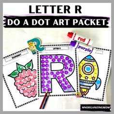 the letter r do a dot art packet is shown with markers and crayons