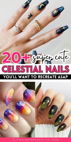 These witchy nails are perfect for creating a magical vibe! From stunning galaxy nails to bold cosmic nails, this list has it all. Try creative galaxy nail designs and mystical celestial nail art for a truly unique style. Explore fun moon nails, planet nails, and star nails. Don’t wait—check out these celestial nails now on the blog for more inspiration! Summer Celestial Nails, Dreamy Nail Art, Nail Art Space, Galaxy Nail Designs, Night Sky Nails, Celestial Nail Art, Cosmic Nails, Galaxy Nail, Gradient Nail Design