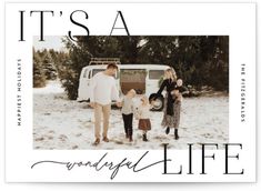 a family standing in front of a van with the words it's a wonderful life