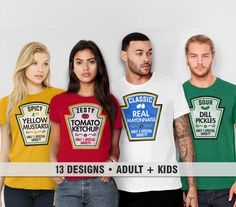 four people standing in front of a white wall wearing t - shirts with the words 4 designs adult + kids