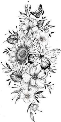 a black and white drawing of flowers