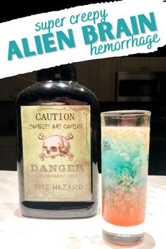 Alien Brain Hemorrhage Shot Recipe Halloween Syringe Shots Recipe, Zombie Brain Shots, Green Halloween Shots, Brain Hemmorage Shot Recipe, Blue Curacao Halloween Drinks, Blue Curacao Liqueur, Halloween Shots