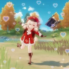 an anime character is walking in the grass with hearts floating around her and she's wearing a red outfit