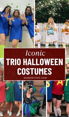 some people are dressed up in costumes and posing for the camera with text overlay that reads comic trio halloween costumes