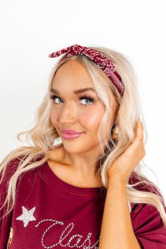 - Accessorize your game day look with this adorable headband! - Soft material with a paisley print - A tied bandana silhouette with a structured tie with interior wire detail Trendy Bandana Print Headband, Adjustable Red Bandana Headband, Casual Adjustable Bandana Print Headwrap, Casual Adjustable Bandana With Bandana Print, White Headband, Paisley Print, Soft Material, Game Day, Paisley