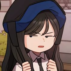 a girl with long black hair wearing a blue hat and tie is looking at something