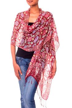 Yuni Kristina depicts an exuberant garden on wine red silk. A superb example of batik art this shawl is a study in casual elegance. Batik Scarf, Red Shawl, Batik Art, Elegant Scarves, Plain Outfits, Silk Shawl, Shawl Wrap, Red Pattern, Red Silk