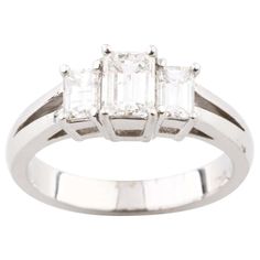 1.36 Carat Emerald Cut 3-Stone Diamond 18 Karat White Gold Engagement Ring For Sale at 1stDibs