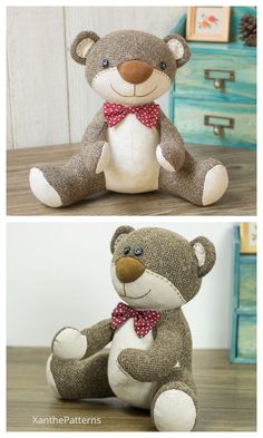 two pictures of a teddy bear sitting next to each other