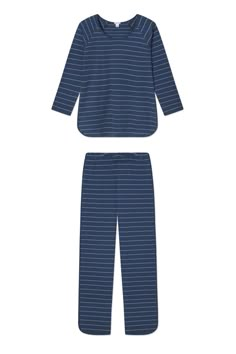 Pima Long-Long Set in Navy Boating Stripe Cotton Pajama Pants, Bridal Fabric, Scoop Neck Top, Dear Santa, Set For Women, Pima Cotton, Three Quarter Sleeves, Boating, Short Sets