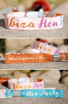 three different bracelets with the words ibiza her on them and an orange one