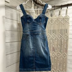 New With Tag. Adjustable Shoulder Straps. 2 Front Pockets. Blue Denim, In Great Condition. Never Worn! Guess Denim Dress, Denim V-neck Mini Dress, V-neck Denim Mini Dress, Blue Denim V-neck Mini Dress, Forever 21 Medium Wash Denim Dress, Guess Dress, Dresses Xs, Black Denim, Shoulder Straps