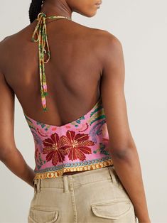 FARM RIO Fruits Queen tie-detailed printed satin halterneck top Farm Rio Top, Fitted Silk Beach Top, Silk Fitted Top For Beach, Fitted Silk Top For Beach, Sleeveless Satin Halter Top For Summer, Fitted Silk Top For The Beach, Sleeveless Silk Beach Top, Sleeveless Silk Tops For Beach, Sleeveless Silk Tops For The Beach