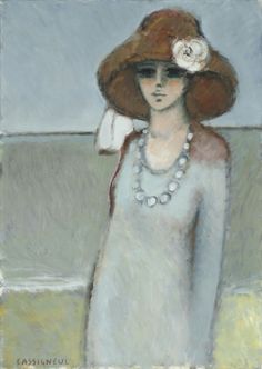 a painting of a woman wearing a large hat