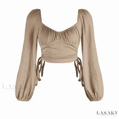 Lasaky - Chic Lantern Sleeve Ribbed Top with Drawstring Back Detail and Stylish Square Neckline in Solid Color Estilo Hipster, Ribbed Shirt, Fall Winter Dresses, Women Overcoat, Crop Top Casual, Backless Top, Backless Design, Ribbed Top, Lantern Sleeve