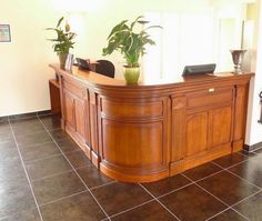 a large wooden reception desk with plants on top