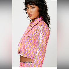 Let It Shine. Feel Elevated In Our Cropped Blazer, Made In Sparkling Sequin Fabric, With A Playful Cropped Length And A Vibrant Colorway. Pairs Well With The Matching Shorts And Statement Heels For A Look That Will Take You From Parties To Nights Out And Upcoming Events. Premium Sequin Cropped Blazer High Quality Sequin Fabric Statement Multicolor Design Stellar Cropped Length V Neckline Matching Shorts Sold Separately! Feel The Music - It's Time To Shop Festival Outfits. Keep It Cute In Boho Cl Glamorous Fitted Pink Outerwear, Elegant Multicolor Sequined Sets, Trendy Pink Party Blazer, Trendy Multicolor Sequined Outerwear, Casual Single-breasted Cropped Blazer, Multicolor Sequined Crop Top, Glitter Blazer, Fitted Multicolor Single-breasted Blazer, Velvet Suit Jacket