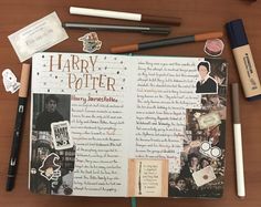 an open harry potter book surrounded by various items