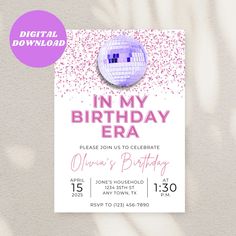 a birthday party flyer with a disco ball