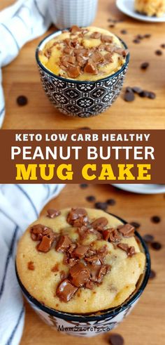 keto low carb healthy peanut butter mug cake with chocolate chips in the middle