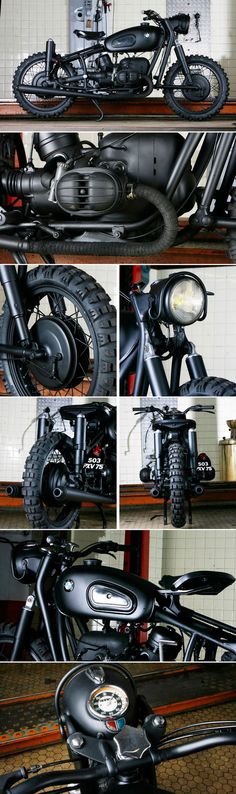 four different views of a black motorcycle in the process of being assembled and put together