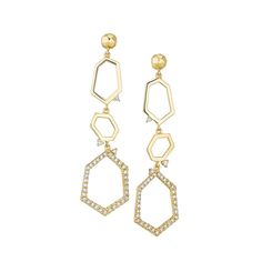 Handcrafted three drop earrings from the Jackson collection featuring architectural facets, prong-set diamonds, and pavé diamonds set 18k yellow, rose, white, or black gold. Luxury Linear Drop Earrings With Single Cut Diamonds, Luxury Yellow Gold Diamond Linear Earrings, Modern Diamond Drop Earrings With Single Cut Diamonds, Modern Gold Diamond Earrings With Pave Setting, Luxury Gold Diamond Chandelier Earrings, Modern Gold Earrings With Pave Setting, Modern Gold Diamond Linear Earrings, Gold Linear Earrings With Single Cut Diamonds, Gold Linear Earrings With Diamond Accents