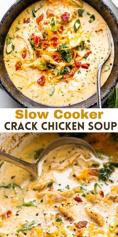 Slow Cooker Crack Chicken Soup is filled with tender shredded white meat chicken, real crumbles of crispy bacon, cream cheese, cheddar cheese, homemade ranch seasoning, and kale. It’s cozy comfort in a bowl!