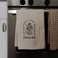 Christian tea towel for home that says His Faithful Love Endures Forever Daily Grace, Great Housewarming Gifts, Gods Promises, Dish Towels, Tea Towel, Housewarming Gift, Tea Towels, Holiday Gifts, House Warming Gifts