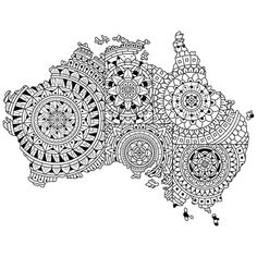 a black and white drawing of australia map with intricate designs on the map, as well as