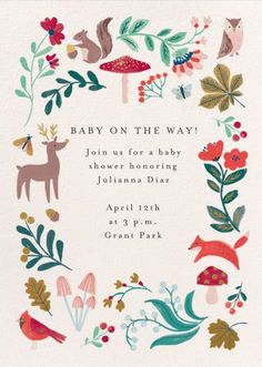 a baby on the way card with woodland animals and flowers in a circle frame, surrounded by leaves