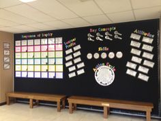 a bulletin board in the middle of a room with two benches and several pieces of paper on it