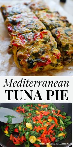 the recipe for mediterranean tuna and spinach pizza is shown in two different pictures, one with