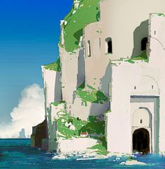 an artistic painting of a building in the ocean