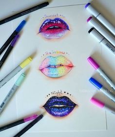 several different colored lipsticks are arranged on top of a sheet of paper with markers