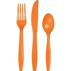 an orange plastic utensils and spoons on a white background