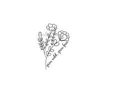 some flowers that are in the middle of a drawing on a white background with words written below them