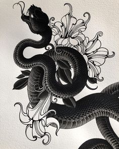 a black and white drawing of a dragon with flowers on it's back side