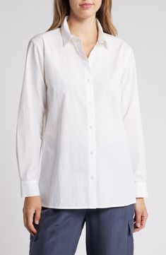 A classic spread collar furthers the modern-chic style of this button-up shirt fashioned from organic cotton. 29" length Front button closure Spread collar Long sleeves with button cuffs 100% organic cotton Machine wash, tumble dry Imported Everyday Classic Button-up Dress Shirt, Classic Everyday Shirt With Spread Collar, Classic Everyday Button-up Dress Shirt, Classic Shirt With Spread Collar For Everyday, Classic Everyday Blouse With Fold Down Collar, Classic Blouse With Fold Down Collar For Everyday, Classic Blouse With Fold Down Collar, Timeless Relaxed Fit Button-up Shirt, Classic Collared Cotton Blouse