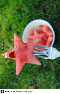 a red star shaped object sitting on top of a white bowl filled with watermelon