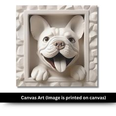 a white dog with its mouth open and tongue out in a square frame that says canvass art image is printed on canvas