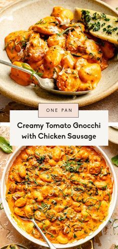 creamy tomato gnocchi with chicken sausage in a white bowl and on a plate