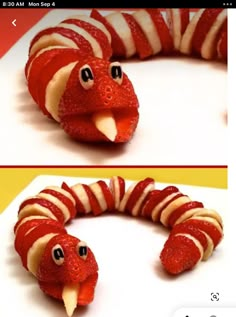 Snake Snack Ideas, Apple Food Art, Banana Snake, Vegetable Animals, Sliced Strawberries, Fruit Animals, Fruit And Vegetable Carving, Food Sculpture