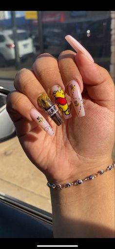 Bee Nails Acrylic, Pooh Nail Art, Winnie The Pooh Nails, Pooh Nails, Disneyland Nails, Baby Shower Nails, Nails Disney, Short Coffin Nails Designs, Acrylic Nail Designs Coffin